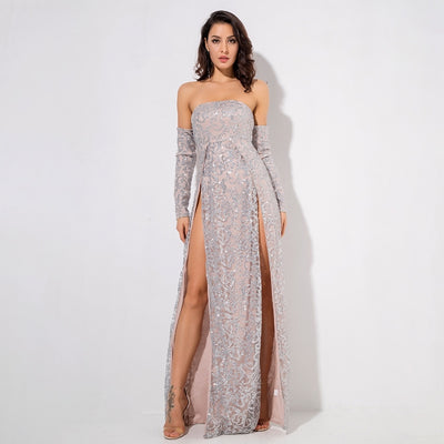 Princess Of Charm Silver Bardot Glitter Double Split Maxi Dress - Fashion Genie Boutique