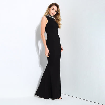 Glam Squad Black Crystal Embellished Fishtail Maxi Dress - Fashion Genie Boutique
