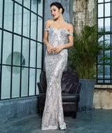 Sweetheart Silver Bardot Sequin Maxi Fishtail Dress - Fashion Genie Boutique