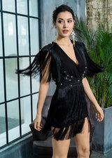Bittersweet Black Pearl Embellished Fringe Mini Dress - Fashion Genie Boutique