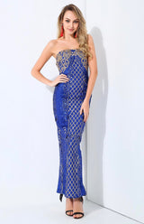 A Long Affair Blue & Gold Sequin Strapless Maxi Dress - Fashion Genie Boutique