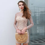 Chique Lifestyle Nude Glitter Embellished Long Sleeve Mini Dress - Fashion Genie Boutique
