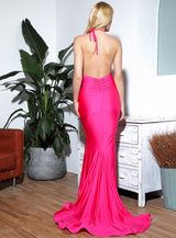 Spanish Dancer Hot Pink Plunge Front Split Maxi Fishtail Dress - Fashion Genie Boutique
