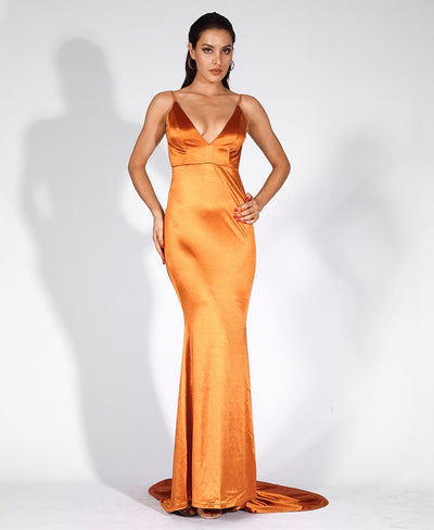 Glowing Goddess Orange Satin Fishtail Maxi Dress - Fashion Genie Boutique