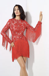 Madly Deeply Red Long Sleeve Crochet Fringe Dress - Fashion Genie Boutique