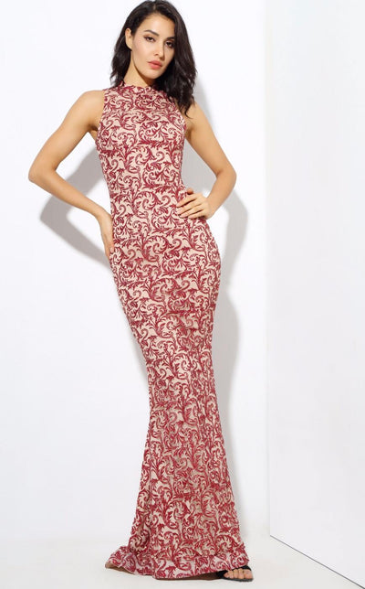 Modern Beauty Nude And Red Glitter Fishtail Maxi Dress - Fashion Genie Boutique