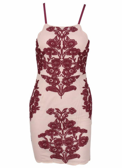 Celebrity Spotlight Nude And Red Halter Strappy Mini Dress - Fashion Genie Boutique