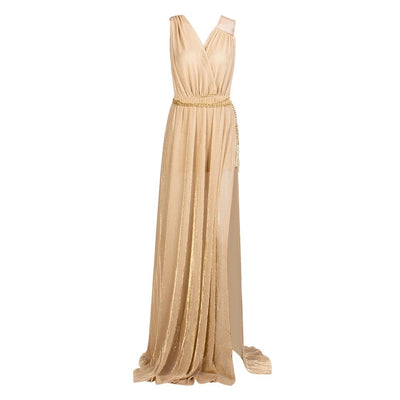 Grecian Goddess Nude Belted Maxi Split Dress - Fashion Genie Boutique
