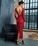 Deep Into You Red Long Sleeve Glitter Embellished Midi Dress - Fashion Genie Boutique