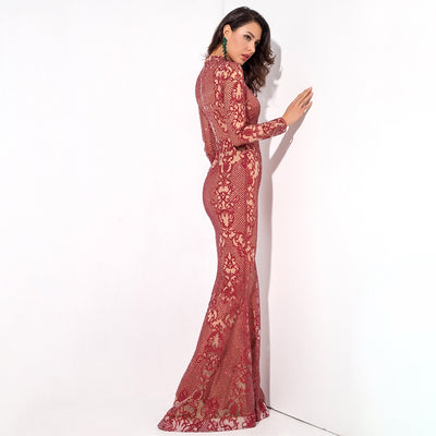 Moroccan Mama Red Long Sleeve Glitter Fishtail Maxi Dress - Fashion Genie Boutique