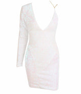 Gal That Glitters Iridescent One Sleeve Sequin Mini Dress - Fashion Genie Boutique