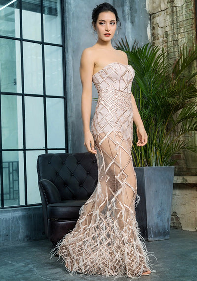 Light As A Feather Gold Strapless Feather Maxi Dress - Fashion Genie Boutique