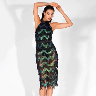 Madrid Moment Green & Black Tassel Sequin Midi Dress - Fashion Genie Boutique