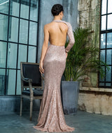 Luxury Night Rose Gold Sequin One Shoulder Maxi Gown Dress - Fashion Genie Boutique