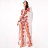Lady Boss Red Sequin Long Sleeve Split Leg Jumpsuit - Fashion Genie Boutique