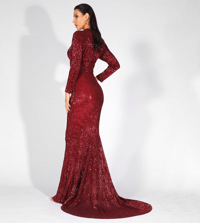 Cut It Out Burgundy Keyhole Sequin Long Sleeve Maxi Fishtail Dress - Fashion Genie Boutique