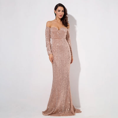 Dressed To Thrill Gold Sequin Bardot Maxi Dress - Fashion Genie Boutique
