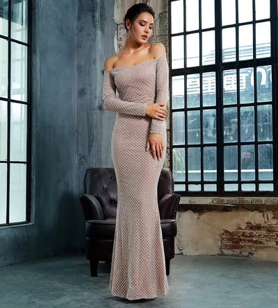 Molly Silver Bardot Glitter Embellished Long Sleeve Maxi Fishtail Dress - Fashion Genie Boutique
