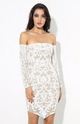 Babe Status White & Nude Long Sleeve Sequin Mini Dress - Fashion Genie Boutique