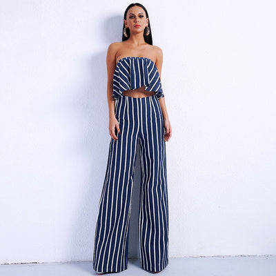 Stripe Delight Navy Two Piece Trousers & Crop Top Co-Ord - Fashion Genie Boutique