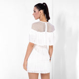 Shimmy Shake White Mesh Panel Fringe Mini Dress - Fashion Genie Boutique