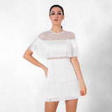 Shimmy Shake White Mesh Panel Fringe Mini Dress - Fashion Genie Boutique