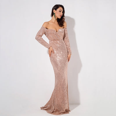 Dressed To Thrill Gold Sequin Bardot Maxi Dress - Fashion Genie Boutique
