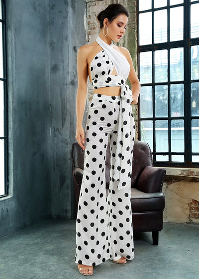 One Kiss White Polka Dot Crop Top & Wide Leg Trousers Co-Ord - Fashion Genie Boutique