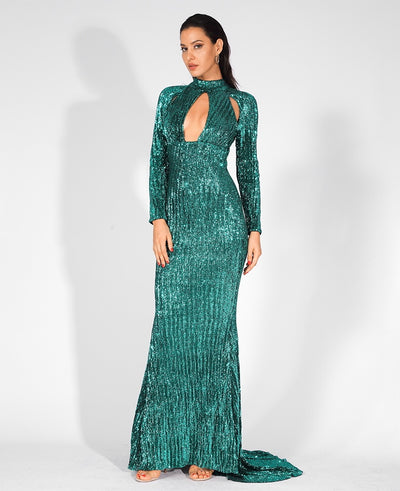 Cut It Out Green Keyhole Sequin Long Sleeve Maxi Fishtail Dress - Fashion Genie Boutique