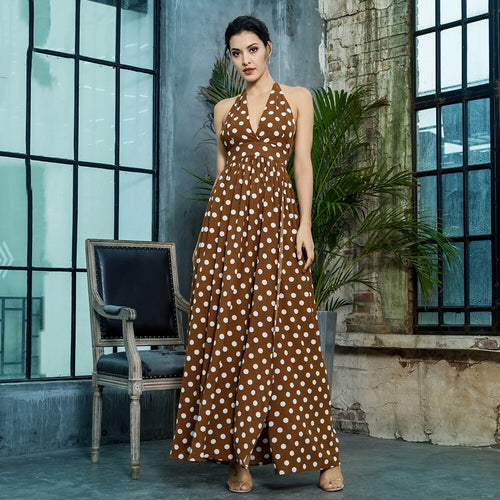 No Drama Brown & White Polka Dot Maxi Dress - Fashion Genie Boutique