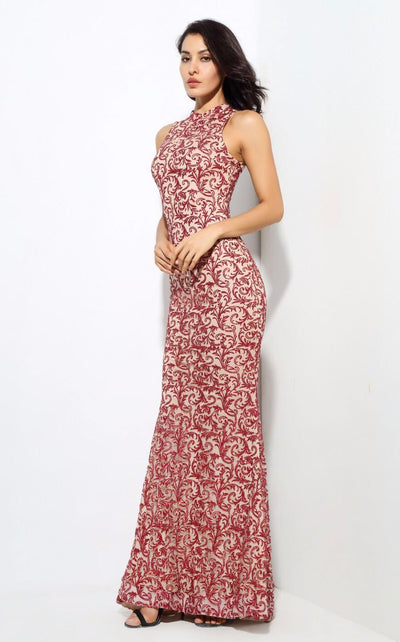 Modern Beauty Nude And Red Glitter Fishtail Maxi Dress - Fashion Genie Boutique