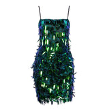 Sunset Chic Green Iridescent Sequin Fringe Mini Dress - Fashion Genie Boutique