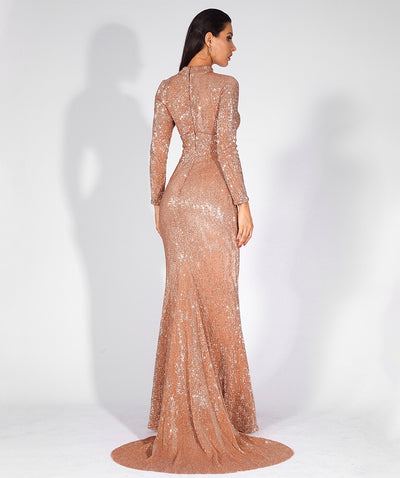 Cut It Out Gold Keyhole Sequin Long Sleeve Maxi Fishtail Dress - Fashion Genie Boutique