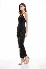 Ahead Of The Crowd Black Sequin Tassel Jumpsuit - Fashion Genie Boutique