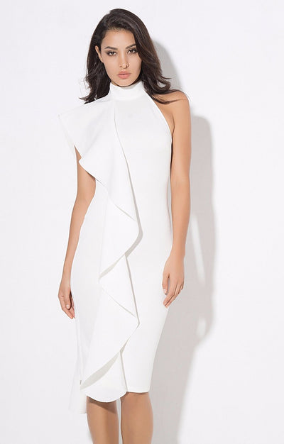 Make Your Move White Frill Bodycon Midi Dress - Fashion Genie Boutique