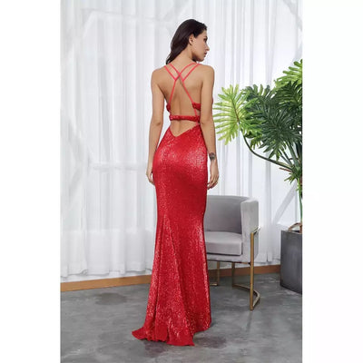 Sorrento Vibes Red Backless Sequin Maxi Gown Dress - Fashion Genie Boutique