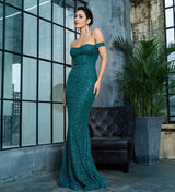 Little Treasure Green Bardot Glitter Fishtail Maxi Gown Dress - Fashion Genie Boutique