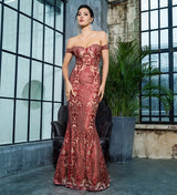 Dress Me Pretty Red Bardot Glitter Fishtail Maxi Dress - Fashion Genie Boutique