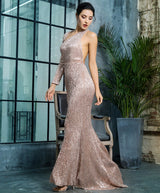 Luxury Night Rose Gold Sequin One Shoulder Maxi Gown Dress - Fashion Genie Boutique
