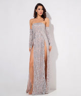 Princess Of Charm Silver Bardot Glitter Double Split Maxi Dress - Fashion Genie Boutique
