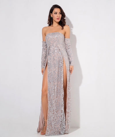 Princess Of Charm Silver Bardot Glitter Double Split Maxi Dress - Fashion Genie Boutique