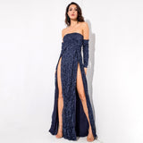 Princess Of Charm Navy Bardot Glitter Double Split Maxi Dress - Fashion Genie Boutique