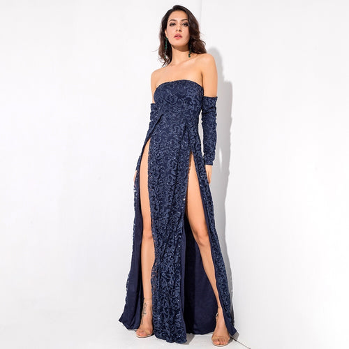 Princess Of Charm Navy Bardot Glitter Double Split Maxi Dress - Fashion Genie Boutique