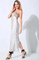 A Long Affair White & Gold Sequin Strapless Maxi Dress - Fashion Genie Boutique