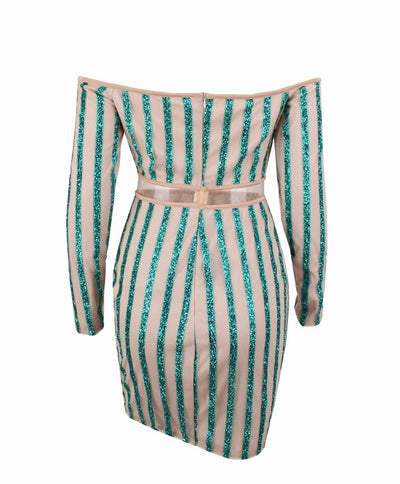 Walk the Line Green Bardot Glitter Mini Dress - Fashion Genie Boutique