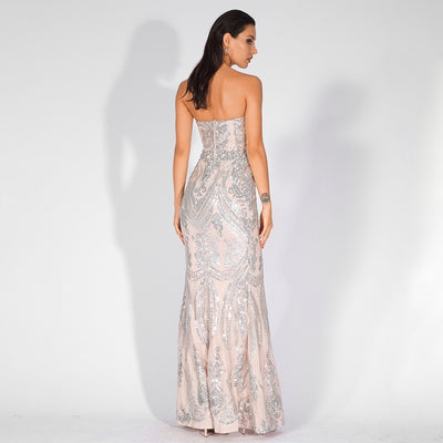 Sweet Vision Silver Strapless Sequin Spilt Maxi Gown Dress - Fashion Genie Boutique