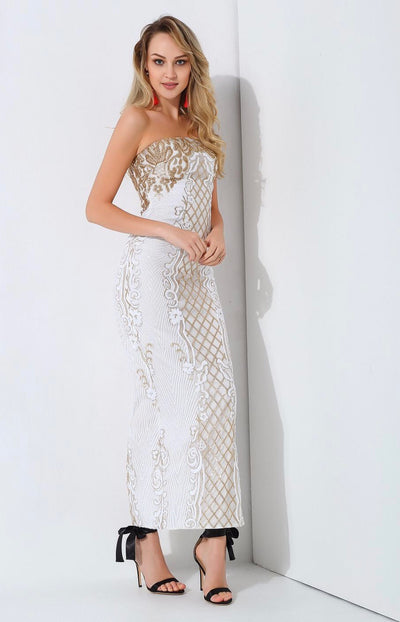A Long Affair White & Gold Sequin Strapless Maxi Dress - Fashion Genie Boutique
