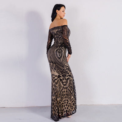 Natalina Black Sequin Bardot Long Sleeve Maxi Dress - Fashion Genie Boutique