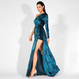 Just One Wish Green Velvet One Shoulder Long Sleeve Maxi Dress - Fashion Genie Boutique