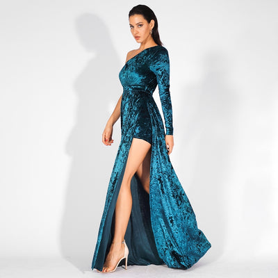 Just One Wish Green Velvet One Shoulder Long Sleeve Maxi Dress - Fashion Genie Boutique
